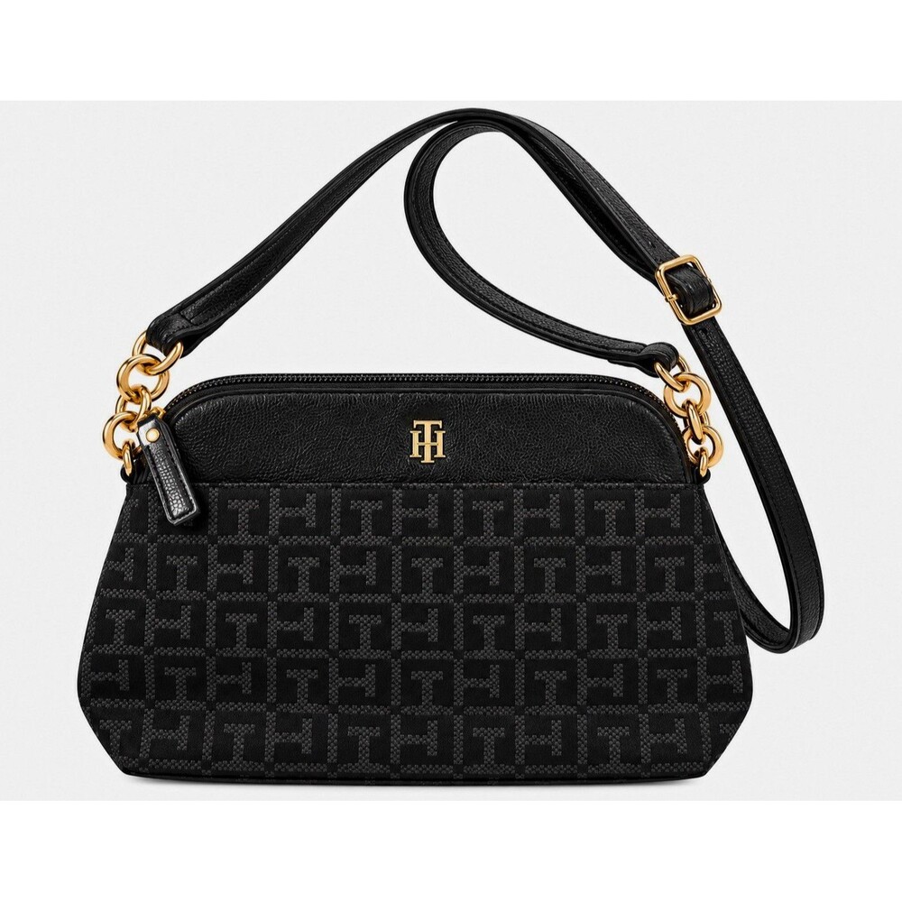 Tommy Hilfiger Black Monogram Small Crossbody Zip Bag Gold Hardware Strap